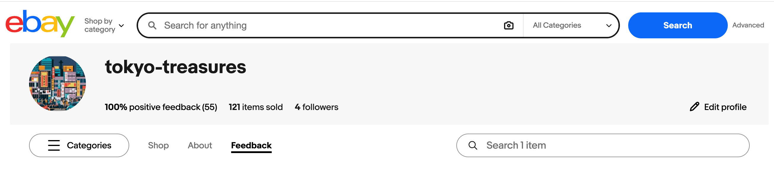 Tokyo Treasures eBay profile banner showing 100% positive feedback and 121 items sold